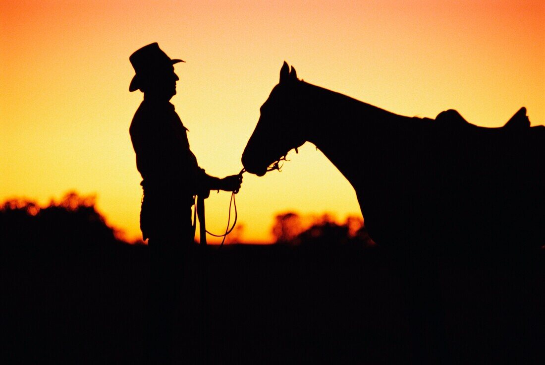 Silhouettierter Cowboy und Pferd, Australien