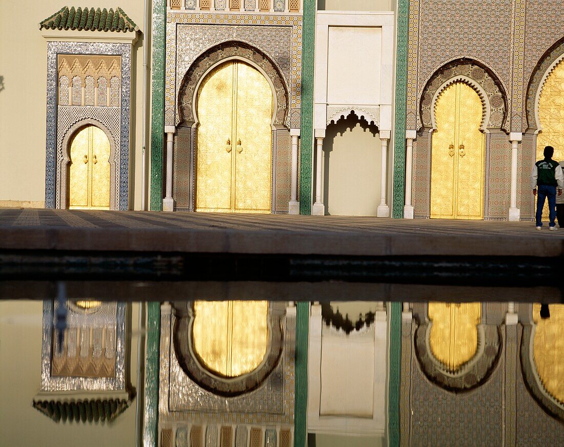 Man Standing By Pool, Reflection Of Building In Water, Dar El-Makhzen