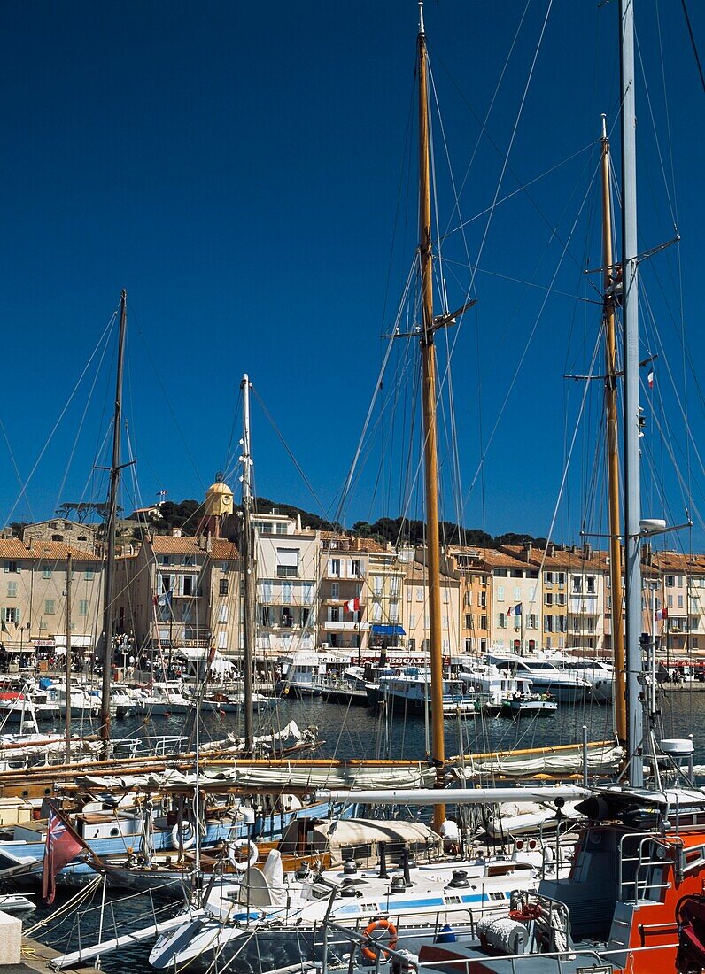 Blick über den Hafen auf die Uferpromenade von St. Tropez; St. Tropez, Frankreich