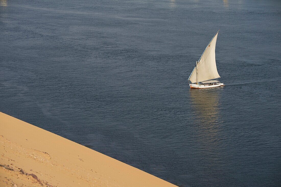 Looking Down On Felucca From Large Sand Dunes Beside River Nile