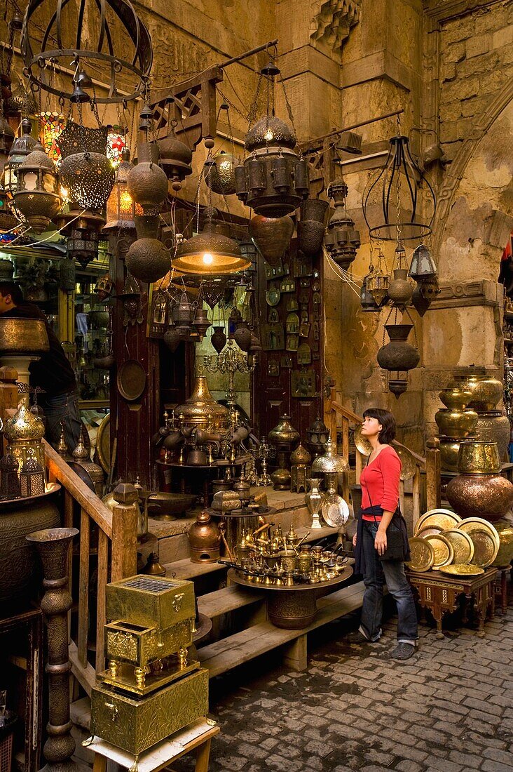 Woman Shopping At Stalls In Covered Gateway In Khan El Khalili