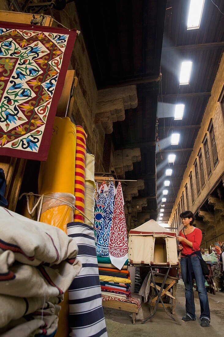 Woman Looking At Tent In Tentmakers Bazaar Beside Qasaba