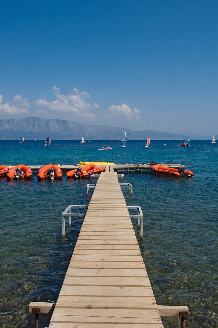 Pier And Boats At Resort On Lefkas.