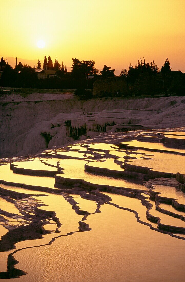 Mineral Pools At Sunset In Pamukkale