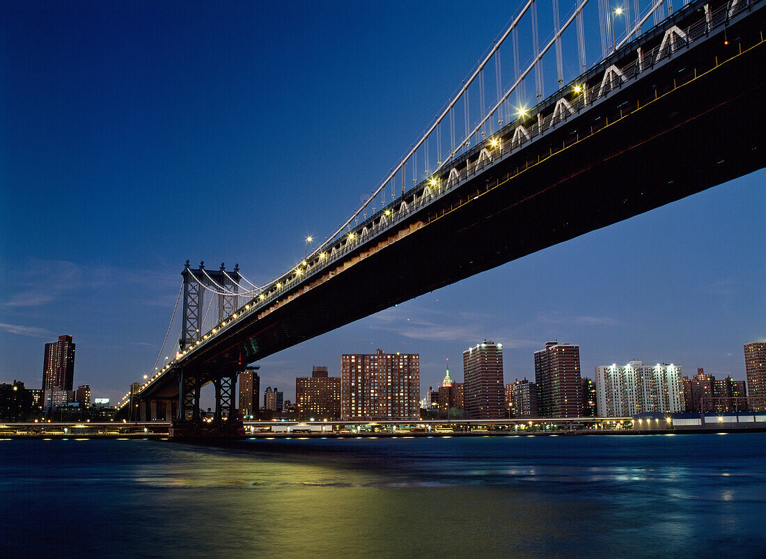 Looking Along Manhattan Bridge At Dusk Over The East River To The Lower East Side And The Empire State Building Behind