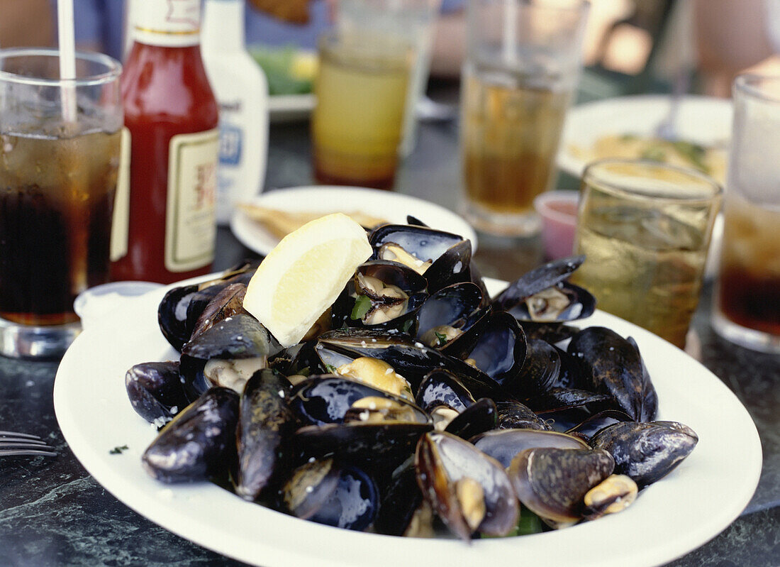 Mussels On Plate On A Picnic Table