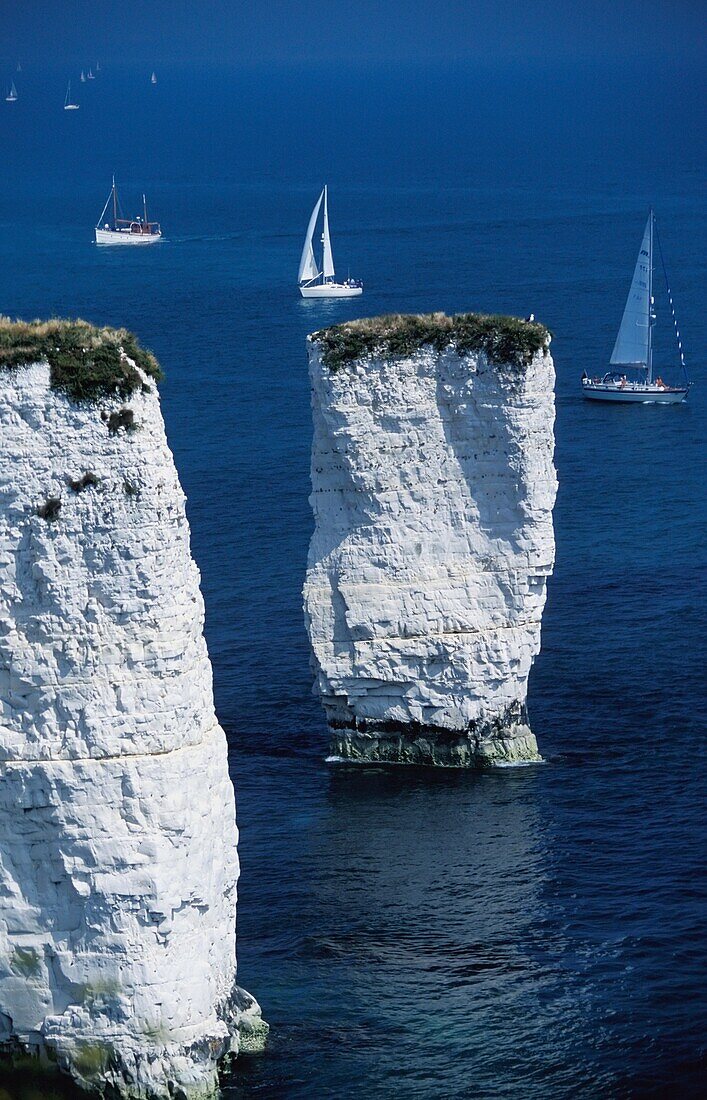 Sailboats By Cliffs, High Angle View