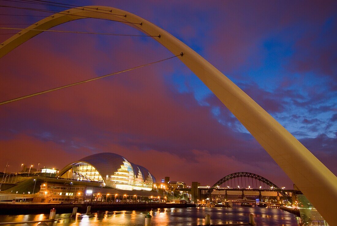Looking Up The Tyne At Dusk Through The Winking Bridge To The Sage Centre