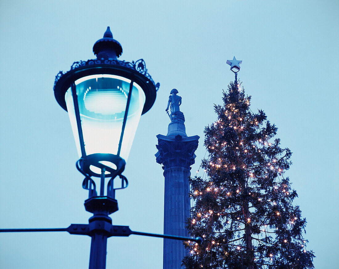 Nelsons Säule, Straßenlaterne und Weihnachtsbaum