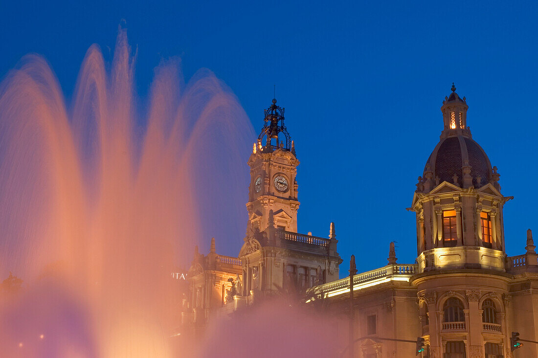 City Hall And Fountain In Plaza Del Ayuntamiento, Close Up