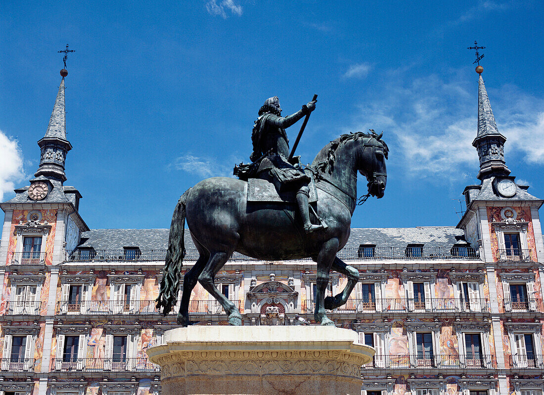 Statue Of King Felipe Iii On Horse In The Plaza Mayor