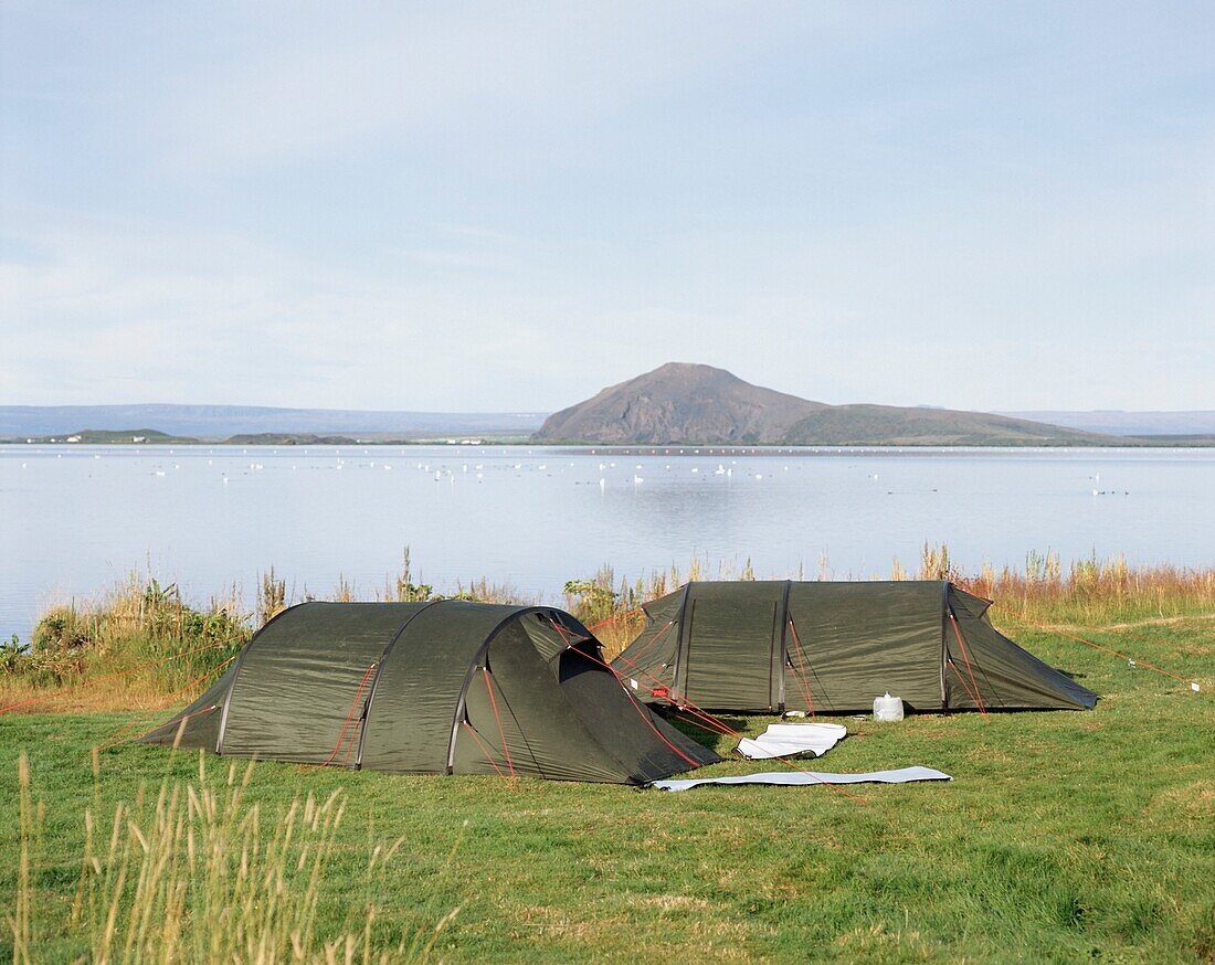 Two Tents Beside Lake Myvatn, Iceland
