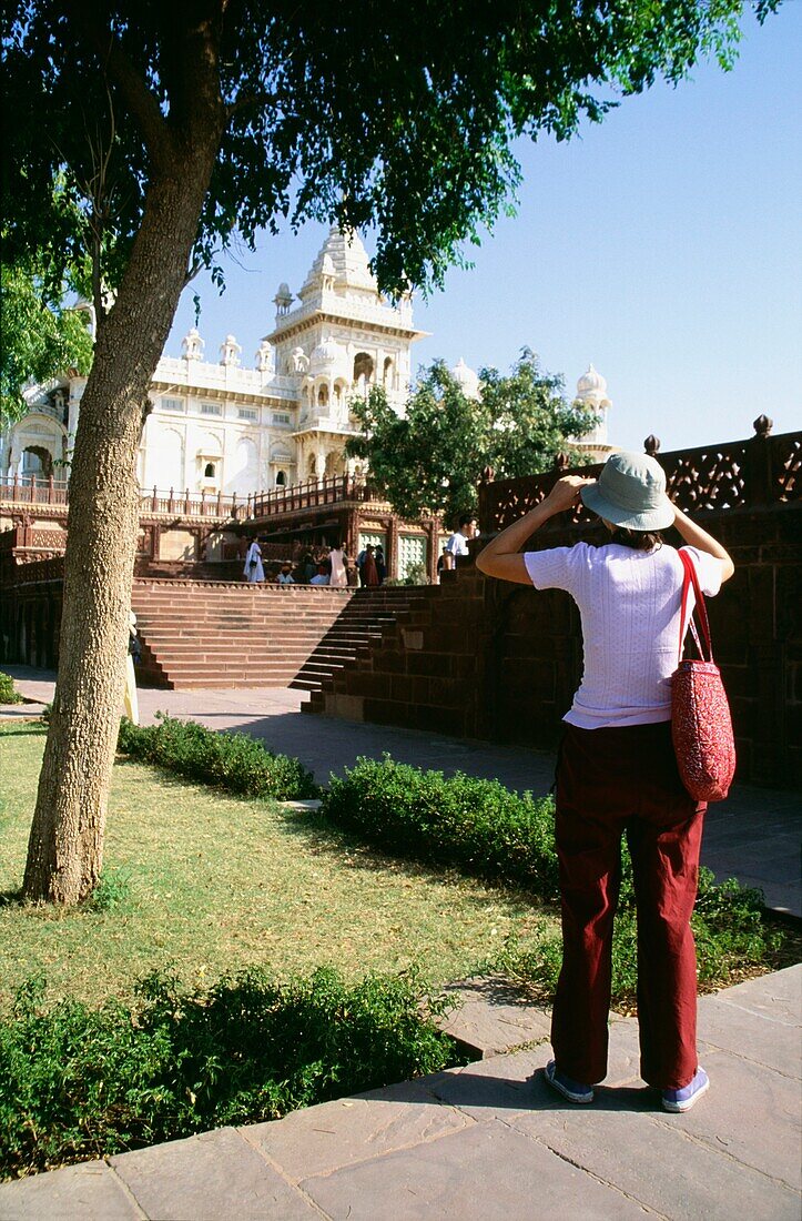 Female Tourist Photographing Jaswant Thada Cenotaphs