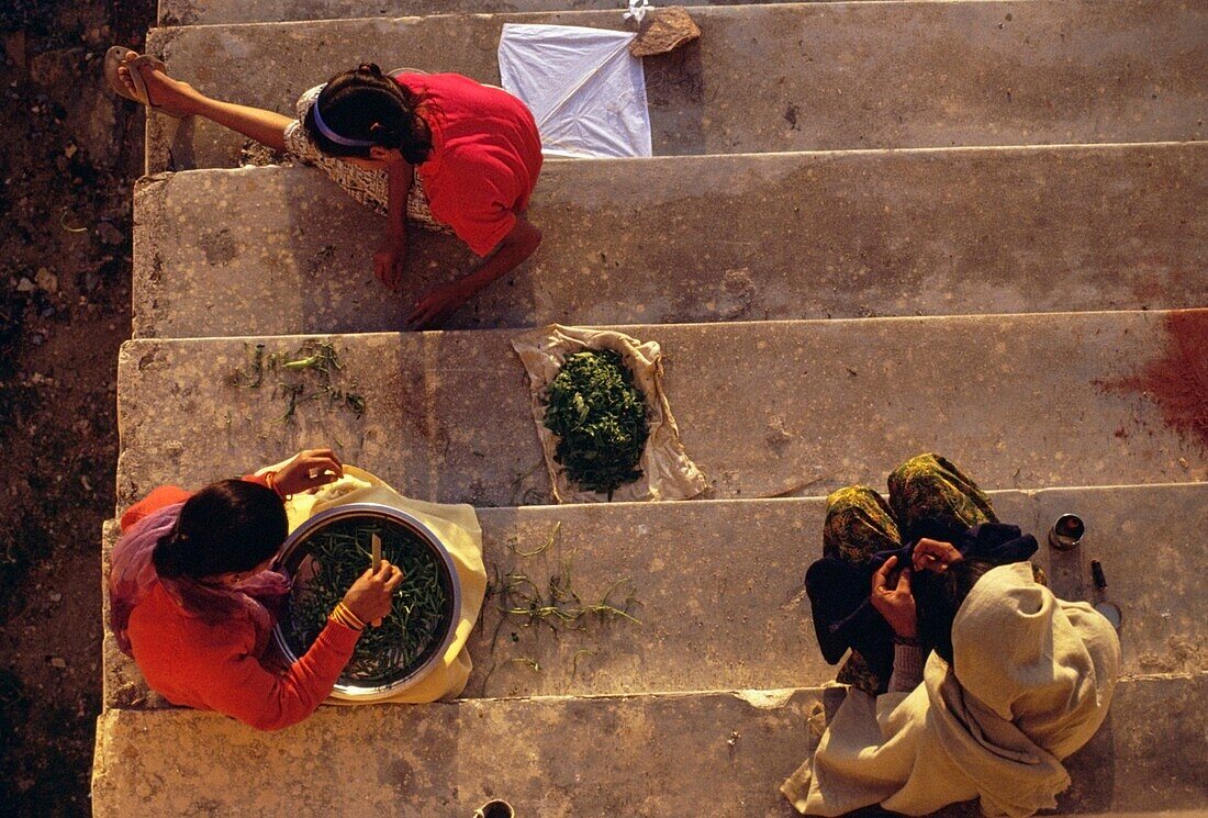 Woman Working On Stairs, Aerial View