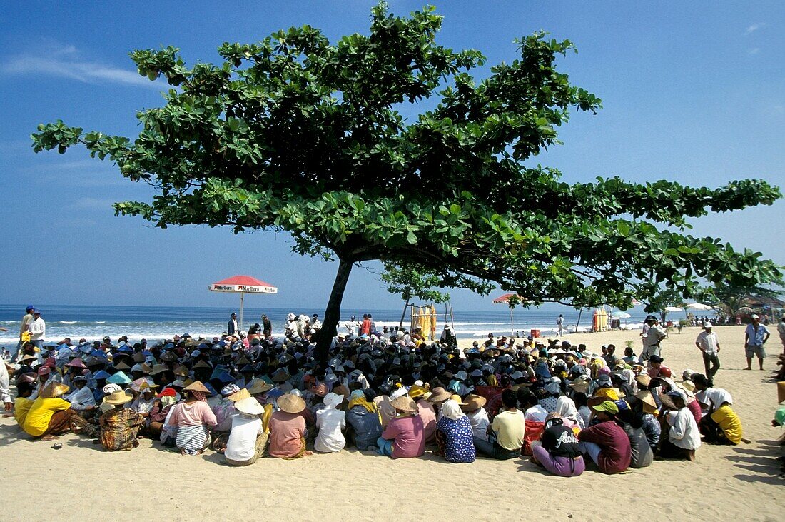 Händler halten ein Treffen im Schatten eines Baumes am Strand ab