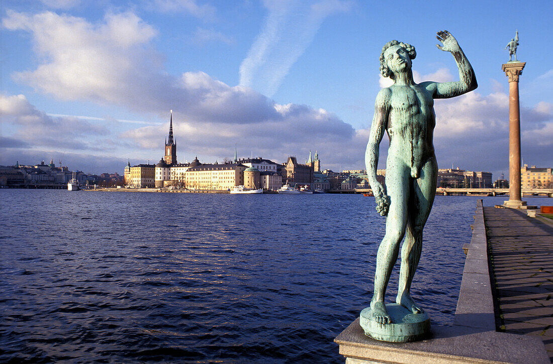 Statue Along Harbor And Stockholm Skyline