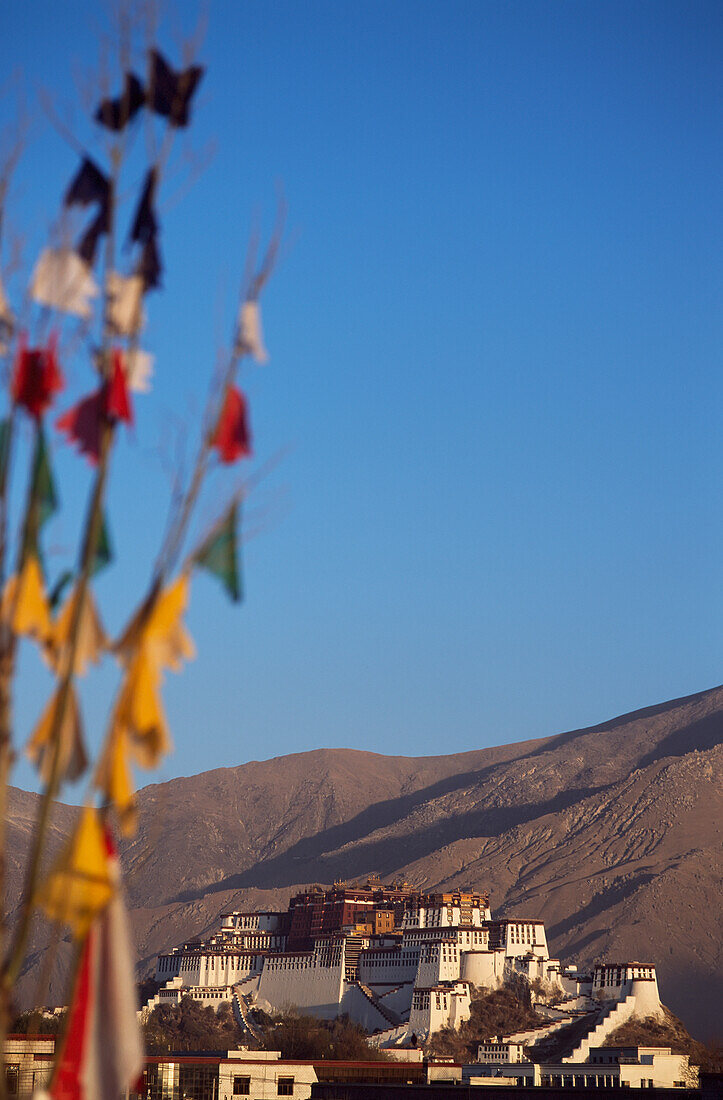 Gebetsfahnen vor dem Potala-Palast in der Morgendämmerung