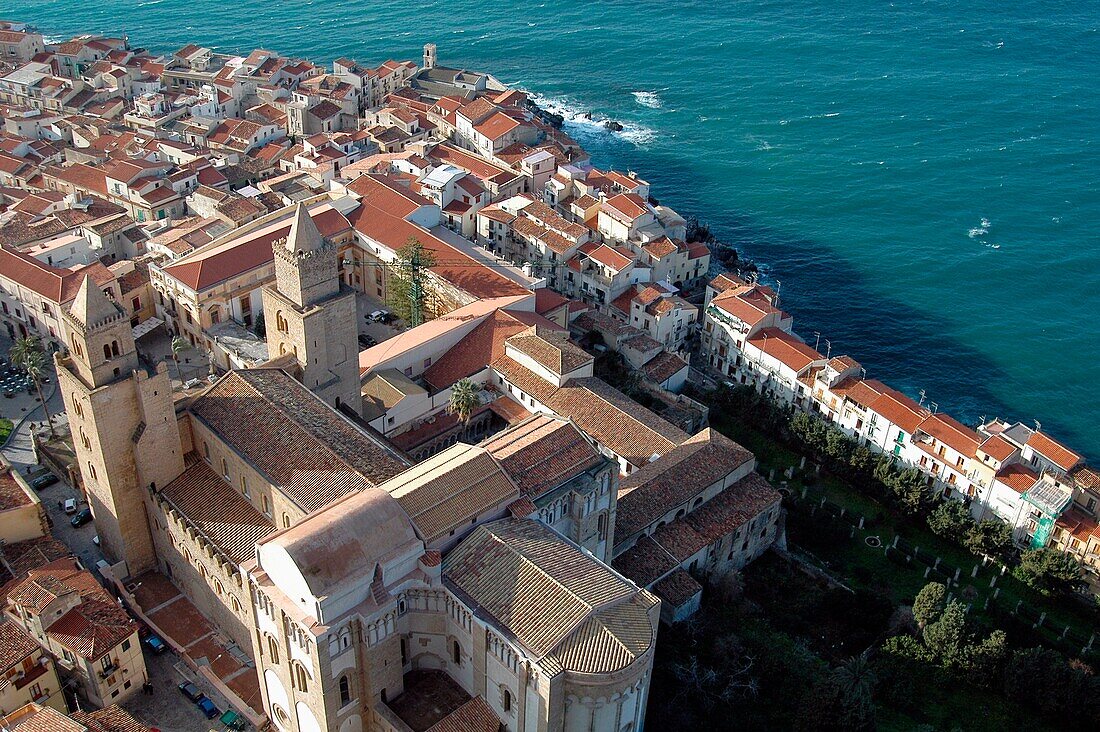 View Over Norman Cathedral And Town Of Cefalu, Aerial View