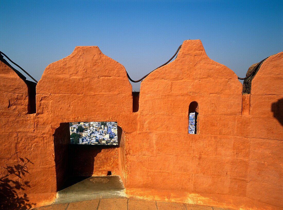 Jodhpur Fort Battlements und Blick auf die blaue Stadt, Nahaufnahme