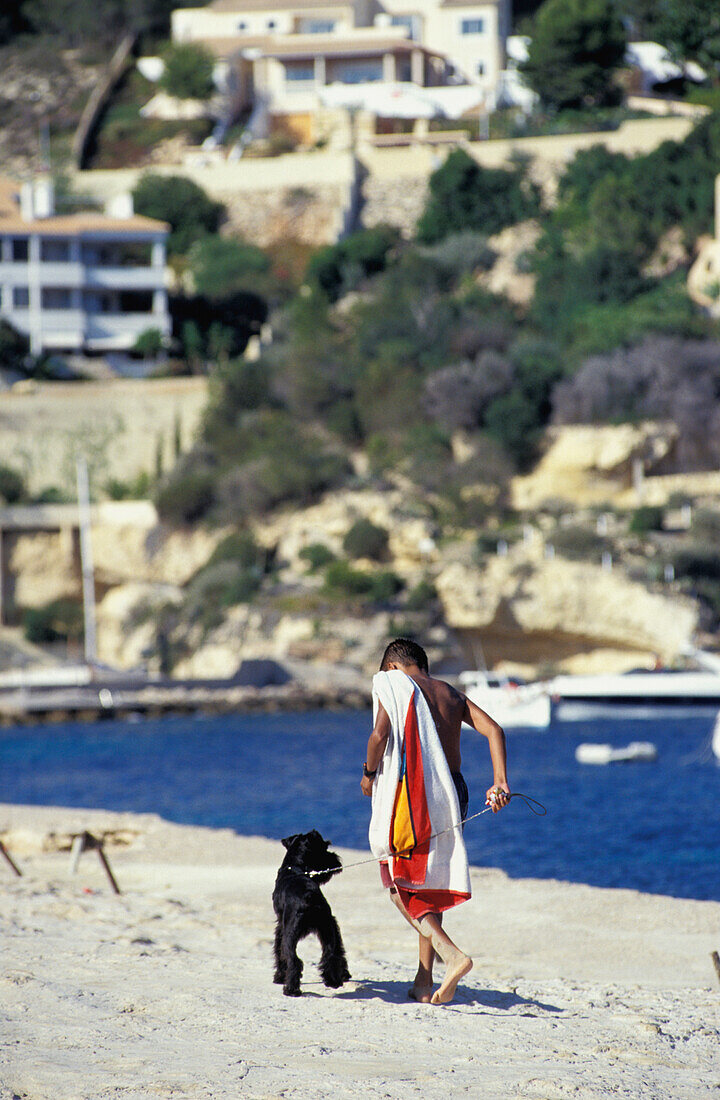 Boy And His Dog Playing On The Beach