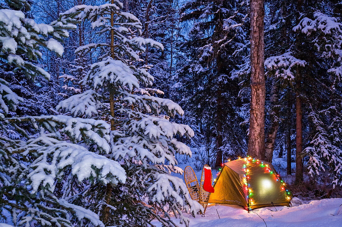 Ein Zelt ist in den Wäldern mit Weihnachtsbeleuchtung und Strumpf in der Nähe von Anchorage, Alaska eingestellt