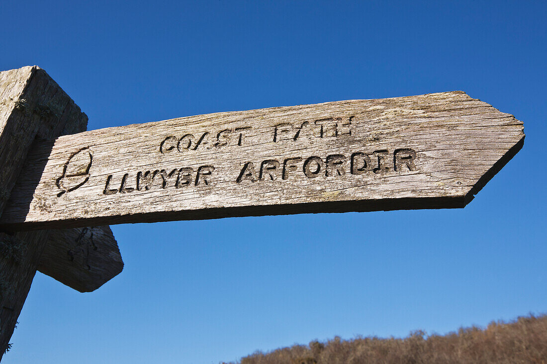 A wooden sign for a Wales Coast Path; Wales