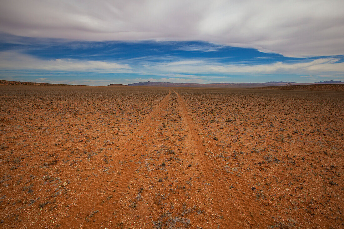 Tire tracks in the dirt on a desert landscape; Klein-aus vista namibia