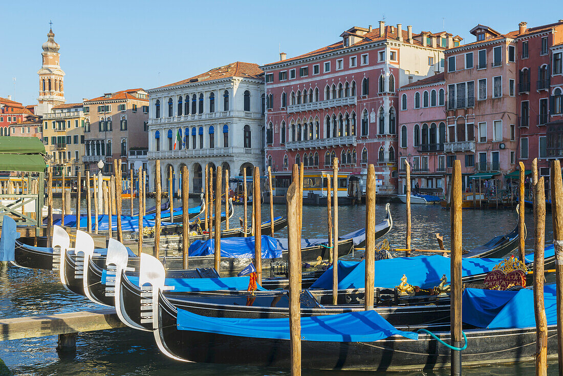 Gondolas Mooring In A Row In The Canal With Colourful Buildings Along The Shoreline; Venice, Italy