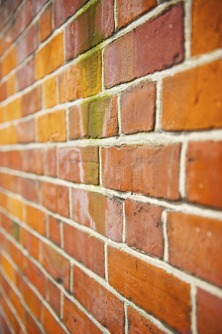 Eine Backsteinmauer mit gelben und grünen Ziegeln; London, England