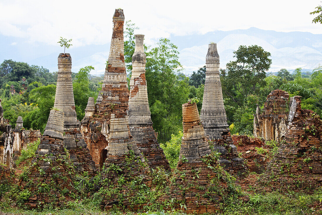 Ruined Pagodas At Shwe Inn Thein Paya Above Inthein On Inle Lake; Myanmar