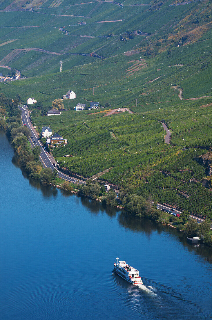 Boats In The River Near Bernkastel-Kues, A Wine Region In Mosel Valley; Rhineland-Palatinate, Germany