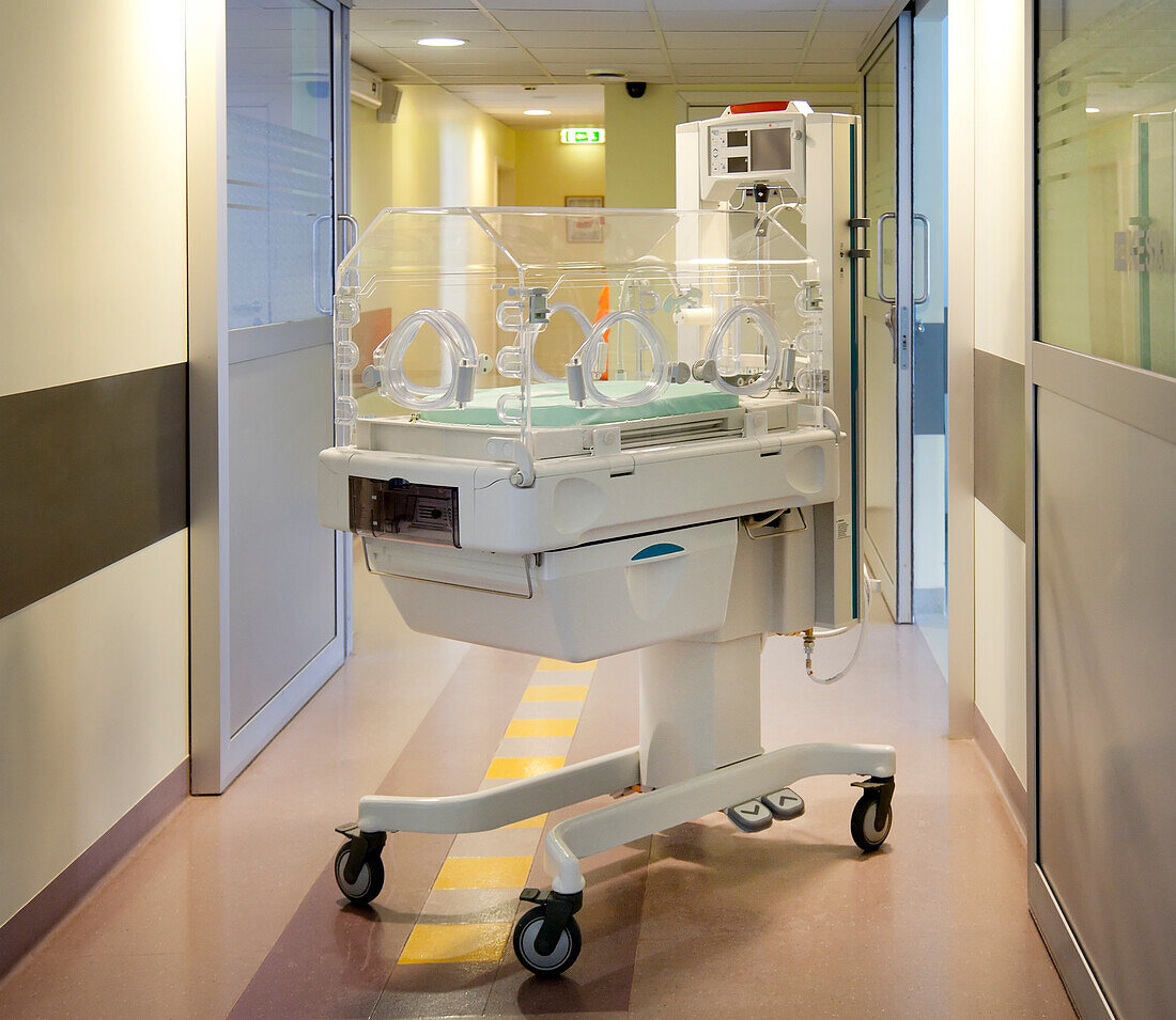  An incubator crib in a paediatric intensive care unit in a university hospital.