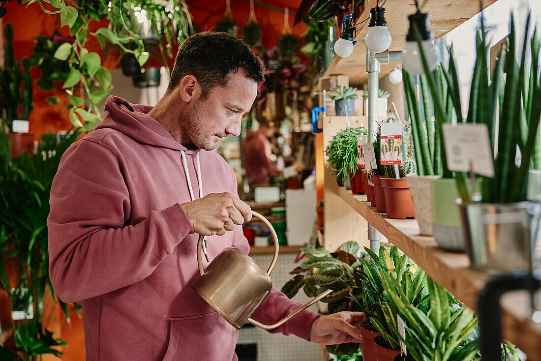 Mann gießt Pflanzen in einem Blumenladen