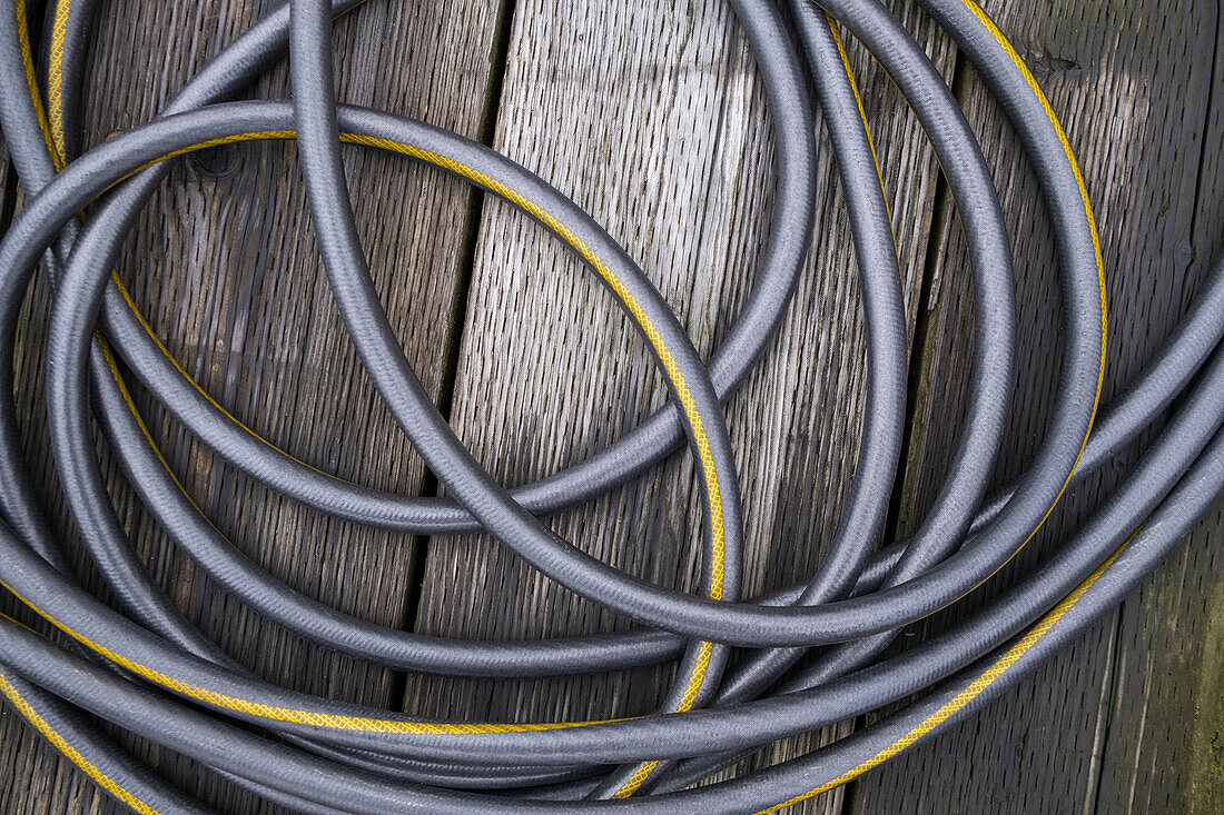 A coiled water hose, view from above. 