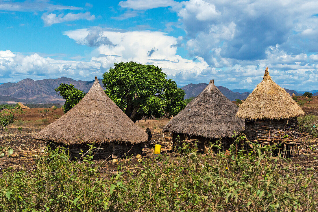 Traditional village houses with thatched roof with farmland in the mountain, Konso, Ethiopia