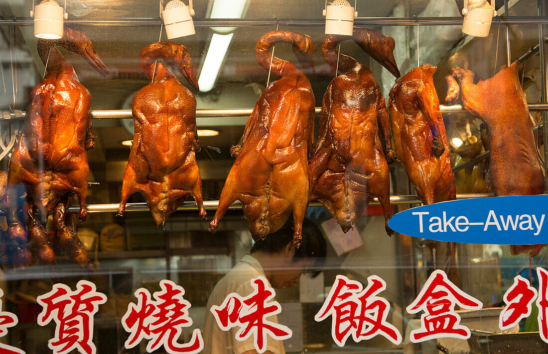 Hongkong, China. Peking-Ente im Fenster in der Kowloon Woosung Street mit Reflexionen