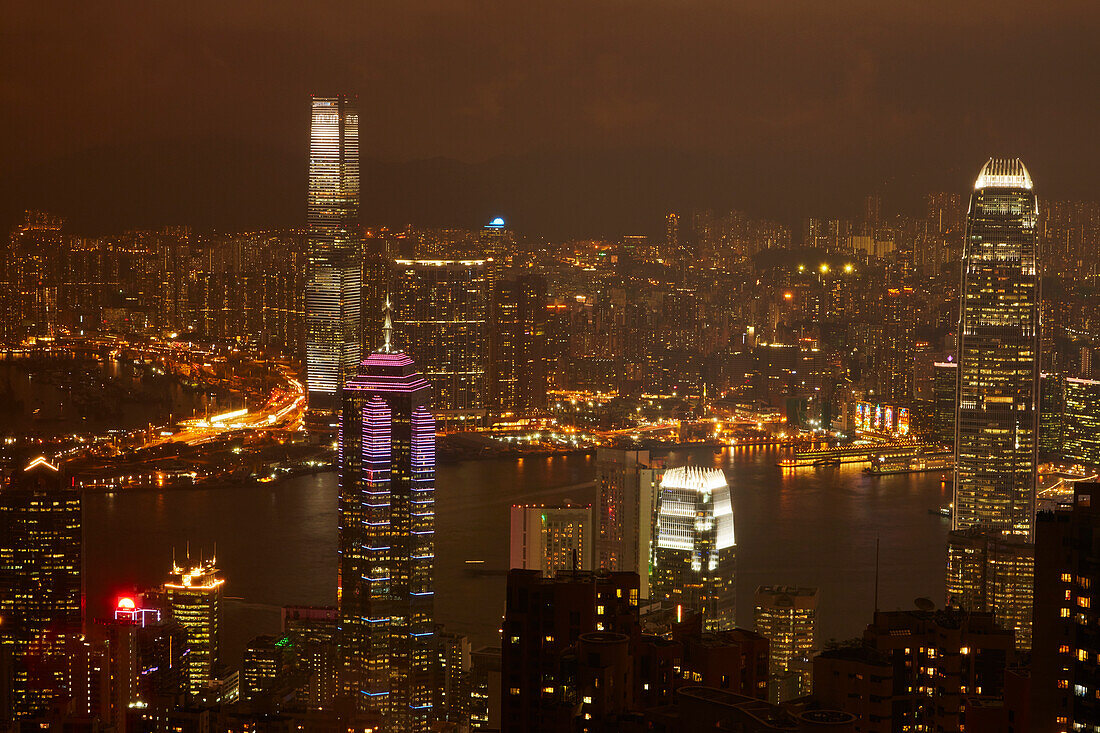 View over Kowloon, Victoria Harbor, and Central, from Victoria Peak, Hong Kong, China