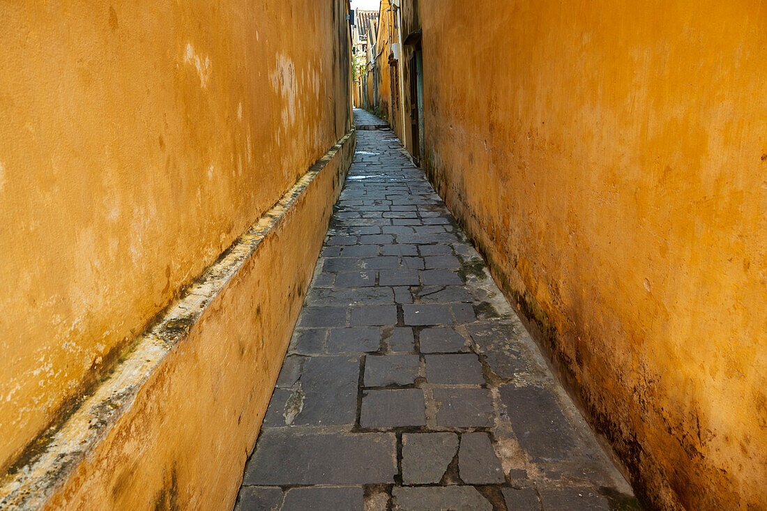 Kopfsteinpflaster und gelbe Mauern in einer Gasse, Hoi An (UNESCO-Welterbe), Vietnam