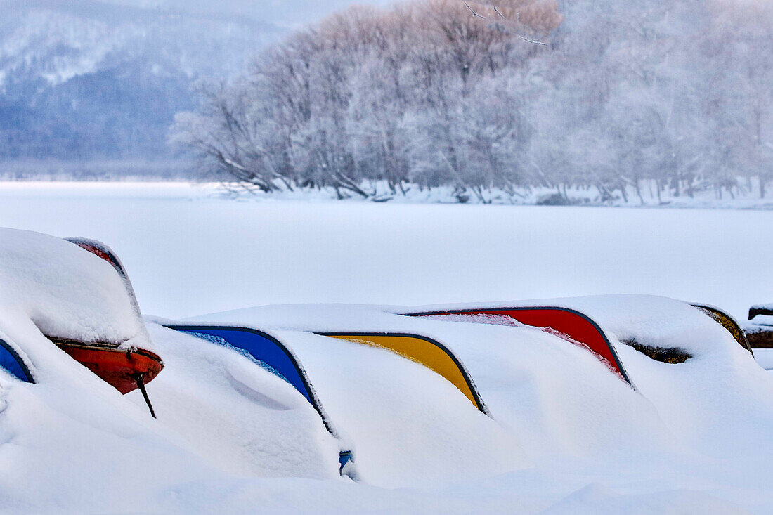 Japan, Hokkaido, Lake Kussharo. Colorful Canoes in the snow