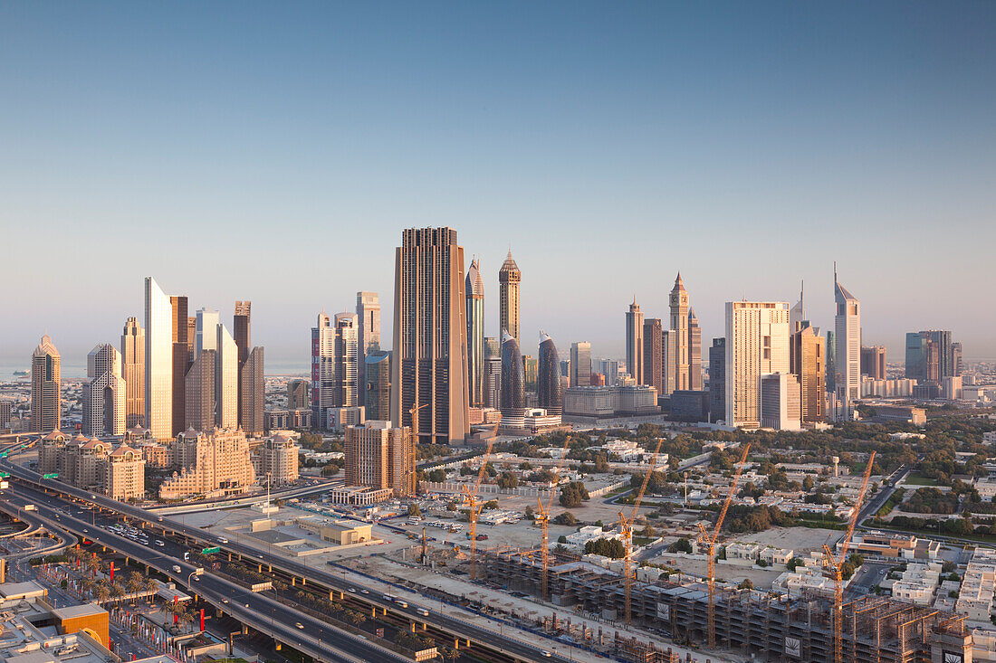 UAE, Downtown Dubai. Elevated view of skyscrapers on Sheikh Zayed Road from downtown