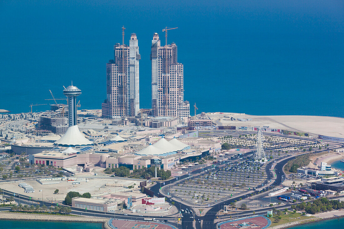 UAE, Abu Dhabi. Marina Village and Arabian Gulf, aerial view