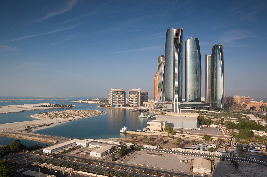 UAE, Abu Dhabi. Etihad Towers, elevated view