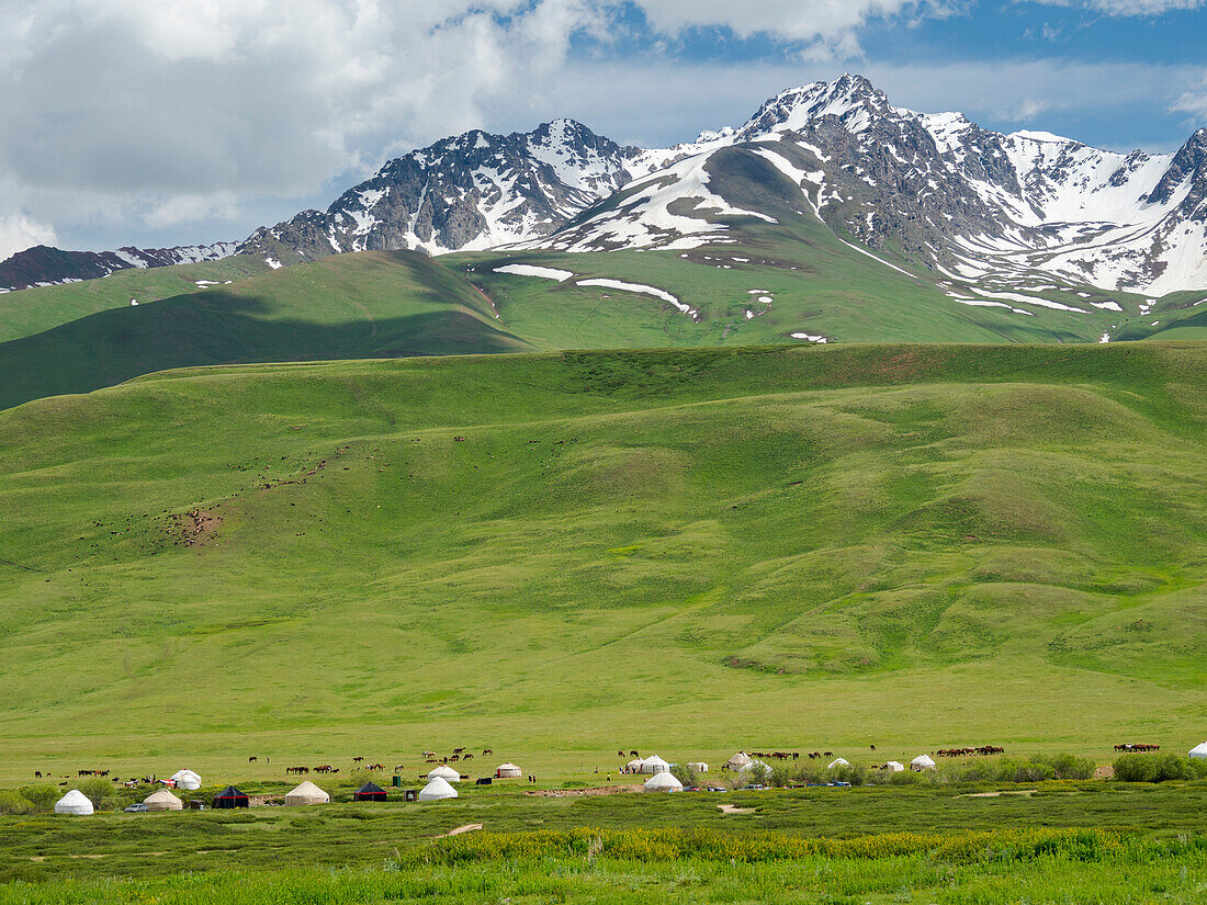 Summer pasture with traditional Yurts. The Suusamyr plain, a high valley in Tien Shan Mountains, Kyrgyzstan