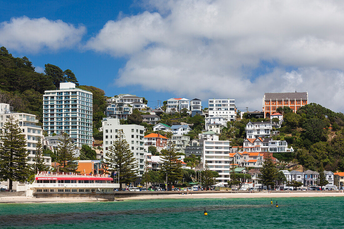 Neuseeland, Nordinsel, Wellington. Oriental Parade, Gebäude