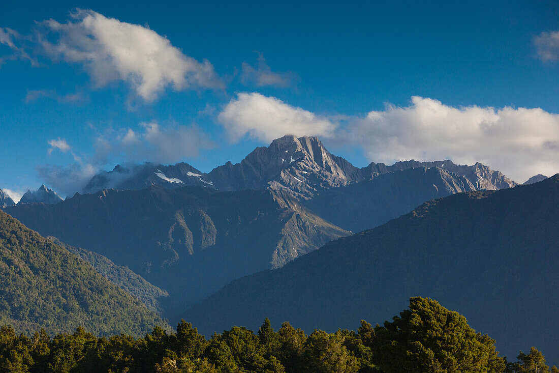 New Zealand, South Island, West Coast, Fox Glacier Village, view of Mt. Tasman and Mt. Cook