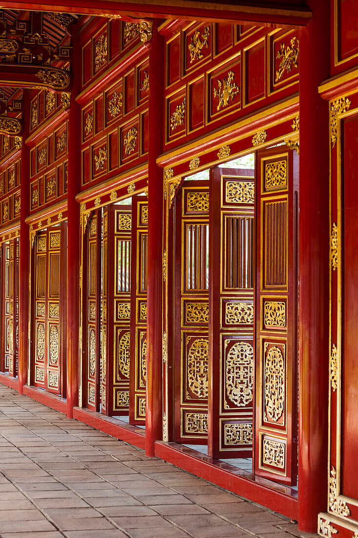 Vietnam, Hue Imperial City. Halls of the Mandarins, red-painted interior