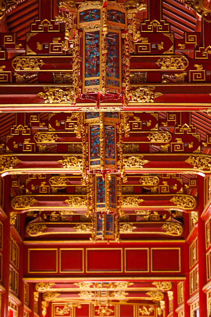 Vietnam, Hue Imperial City. Halls of the Mandarins, red-painted interior