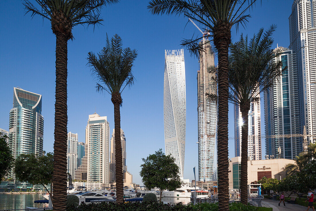 UAE, Dubai Marina high-rise buildings including the twisted Cayan Tower