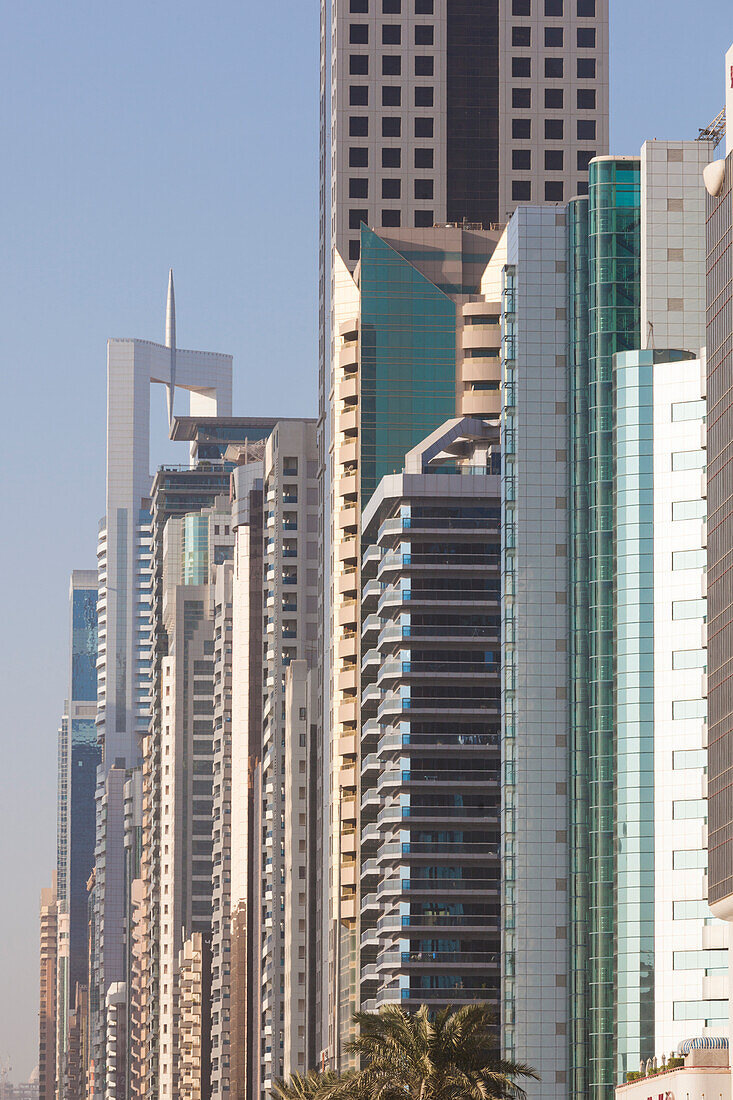 UAE, Downtown Dubai. High-rise buildings along Sheikh Zayed Road