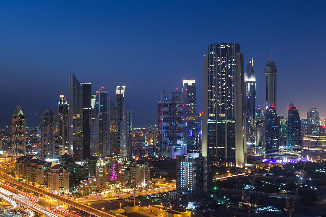 UAE, Downtown Dubai. Elevated view of skyscrapers on Sheikh Zayed Road from downtown